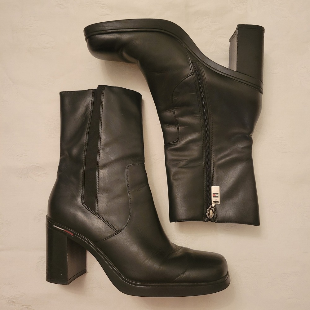 Tommy Hilfiger 8.5M Boots Black Leather Square Toe Platform Y2K Chunky 90s